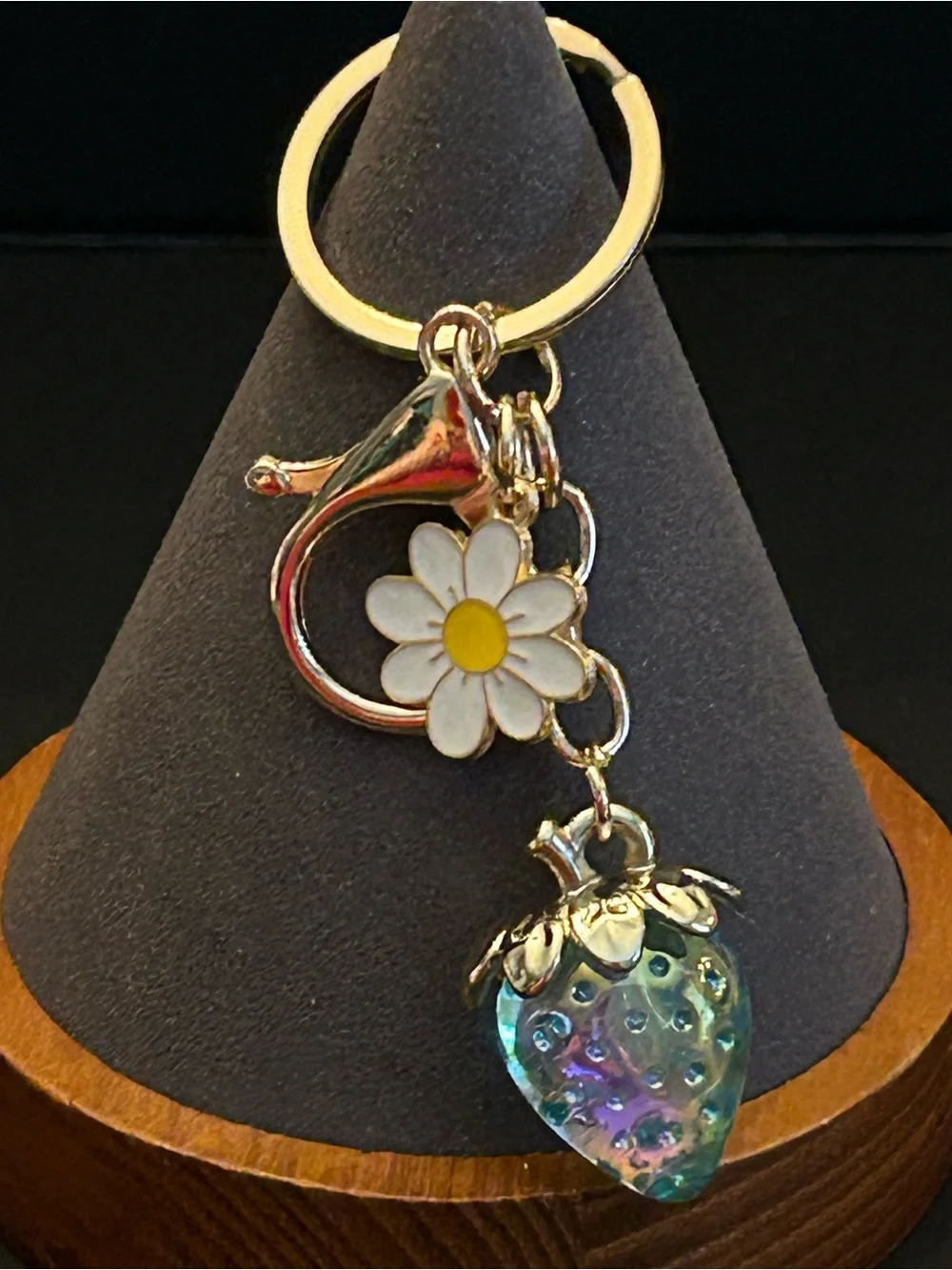 Gold-Tone & Iridescent Strawberry 🍓 & Color Enamel Flower Bag Charm Keychain NWT